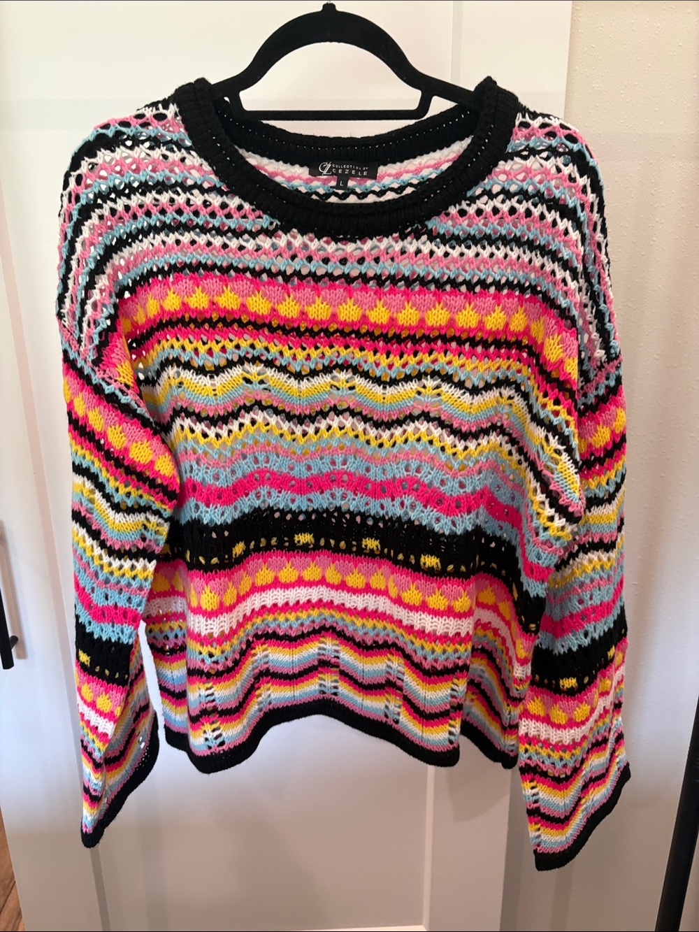 Multicolor Open-Knit Crewneck Sweater - Pink, Yellow, Blue, Black